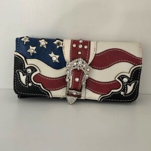 American Flag Western Bling Wallet w/ Rhinestone Buckle & Studded Stars